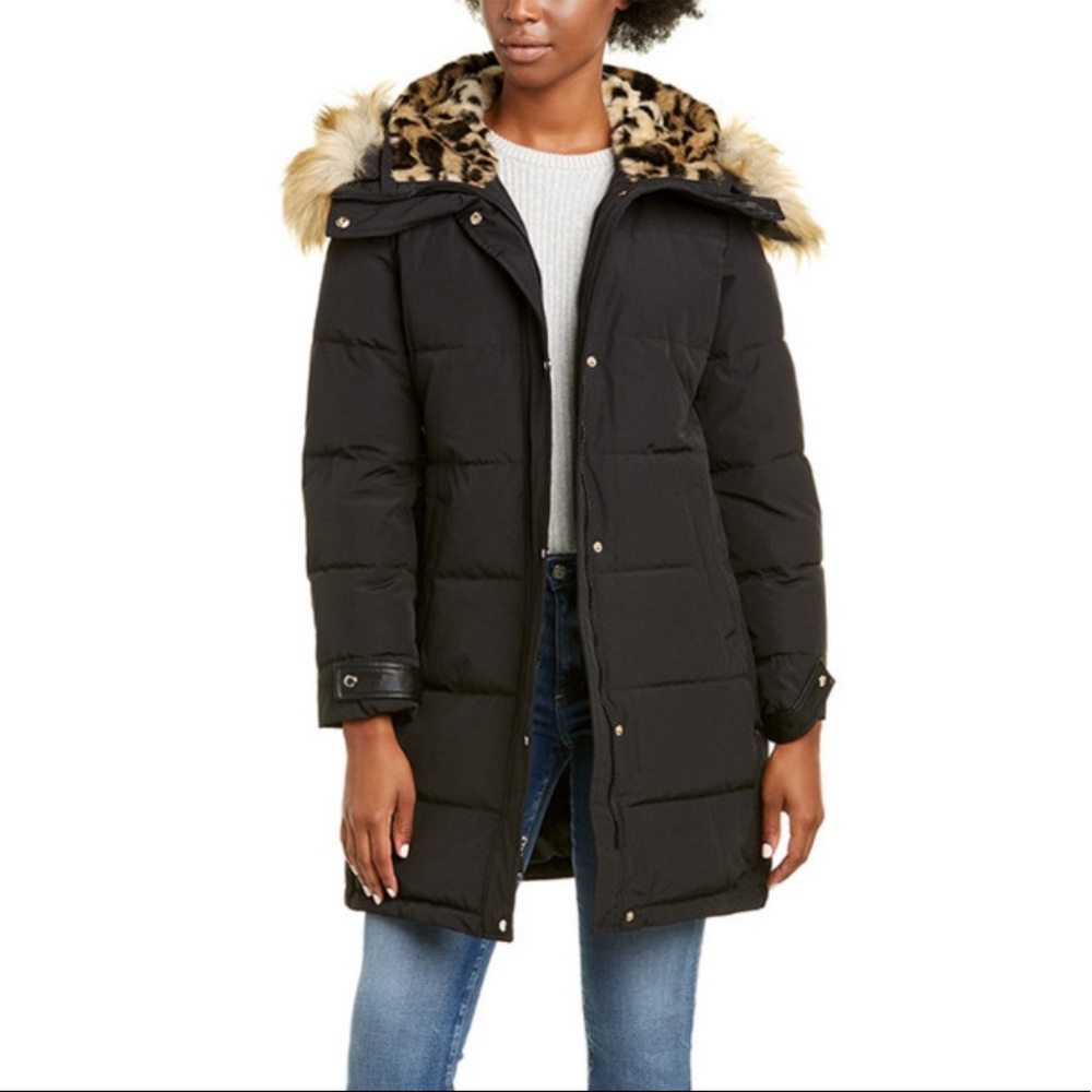 Nine West Leopard Fur-Lined Hooded Puffer Jacket